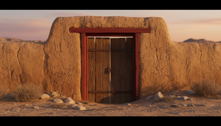Eye-level view of a simple wooden doorway marked with crimson paint in a desert village.