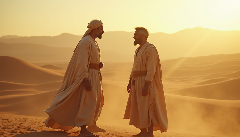 Eye-level view of a desert valley with two men approaching each other in the distance