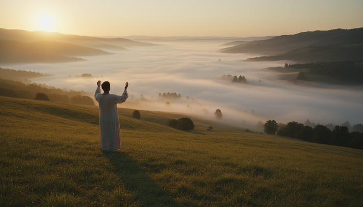 Wide-angle view of a person standing on a quiet hillside at sunrise with open hands lifted toward the sky.
