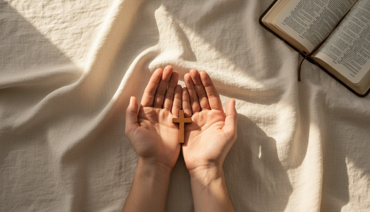 Overhead view of two open hands resting on simple linen cloth.