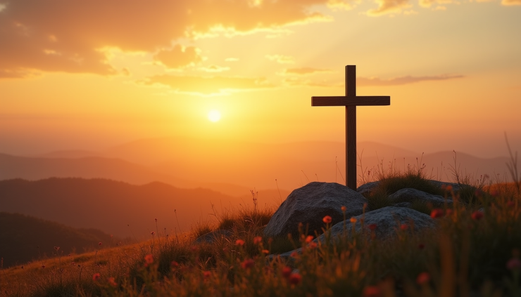 Eye-level view of a simple wooden cross standing alone on a hill at sunrise