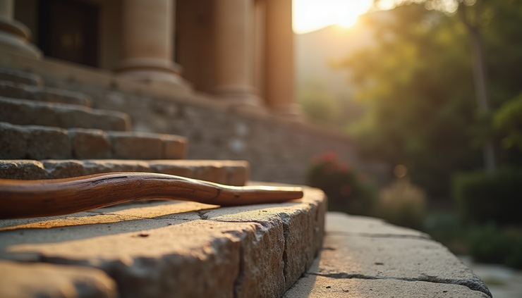 Close-up view of a wooden staff resting on ancient stone steps