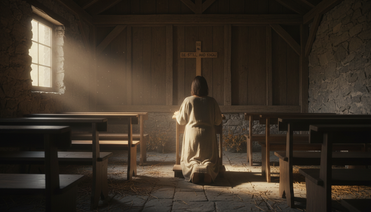 Eye-level view of a person kneeling alone in a small chapel.