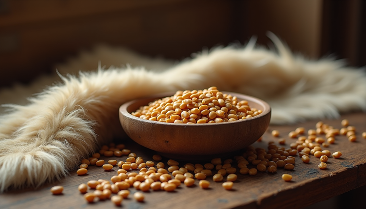 Eye-level view of a rustic wooden table with a bowl of lentils and a sheepskin cloth