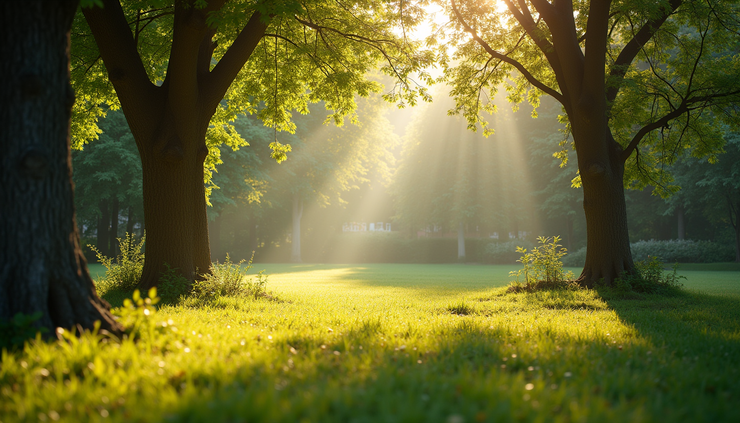 Eye-level view of a serene garden with sunlight filtering through trees