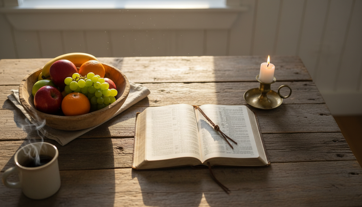 Overhead view of a wooden table with a Bible, candle, and bowl of fresh fruit.