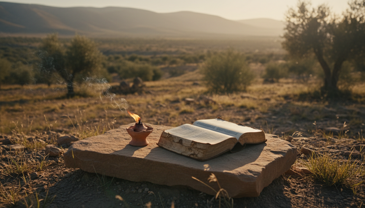 Eye-level view of an open Bible resting on a stone beside a small oil lamp in a quiet wilderness setting.