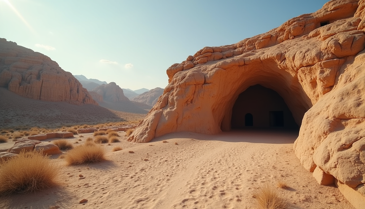 Eye-level view of the ancient cave of Machpelah surrounded by rocky terrain