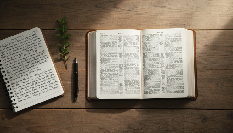 Overhead view of a handwritten prayer journal beside a Bible and a simple pen