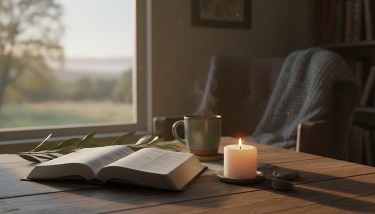 Wide-angle view of an open Bible beside a candle near a quiet window at dawn