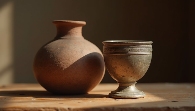 Eye-level view of an ancient clay jar on a wooden table symbolizing Joseph's silver cup