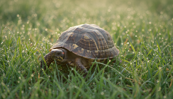Eye-level view of a turtle moving slowly through tall grass.