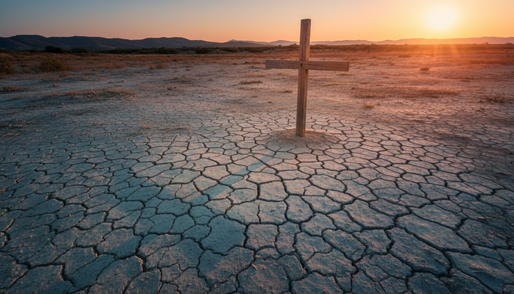 Eye-level view of a wooden cross casting a long shadow over dry ground in late afternoon light