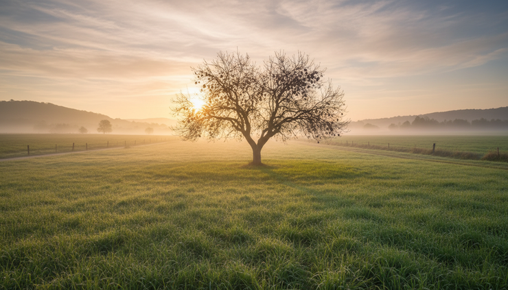 Wide-angle view of a solitary fruit tree standing in a quiet field at sunrise