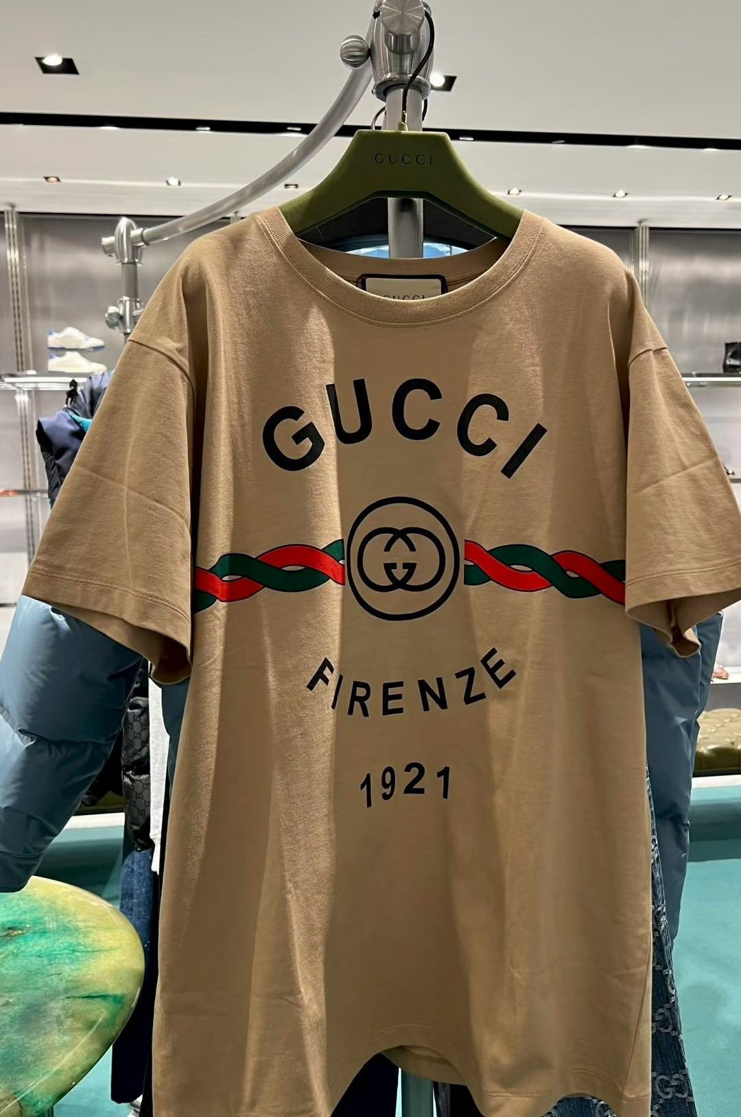 Gucci 男女同款奶茶色紅綠麻花短袖