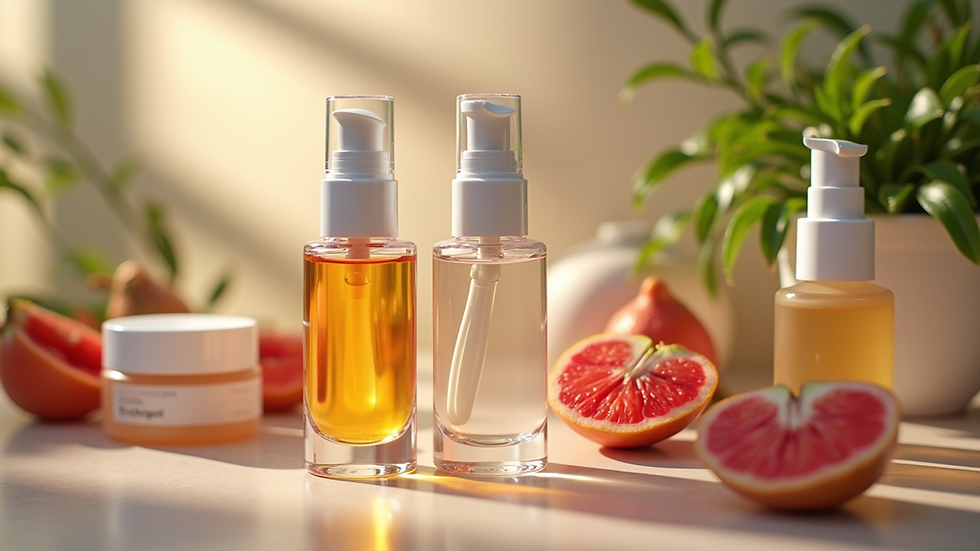 Eye-level view of a vibrant display of natural cosmetic products