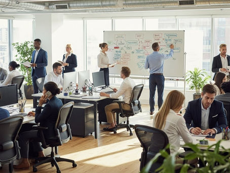 Insurance agents in a dynamic office environment, actively engaged in telemarketing and collaboration, with strategic plans on a whiteboard.