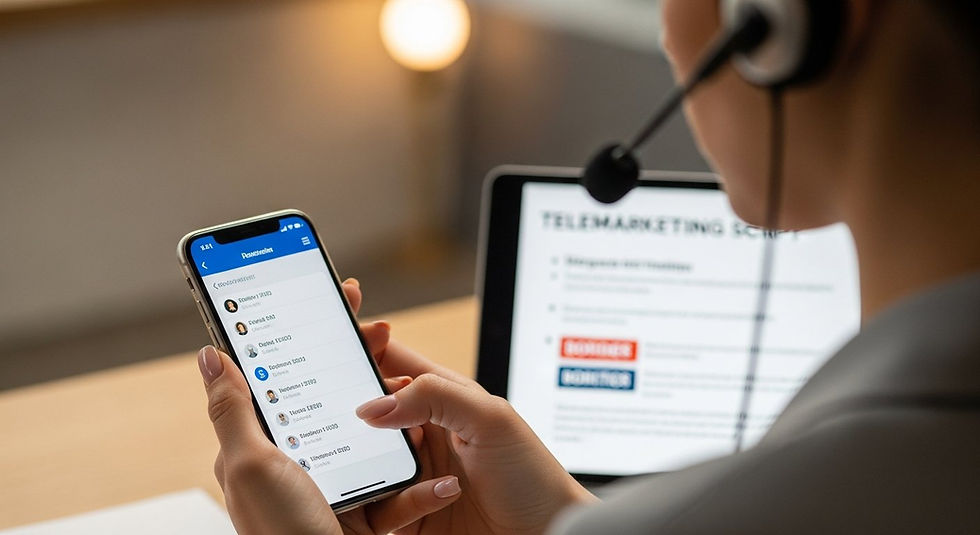 Close-up of hands holding a smartphone, with an insurance telemarketing script displayed on a tablet in the background, emphasizing focused communication.
