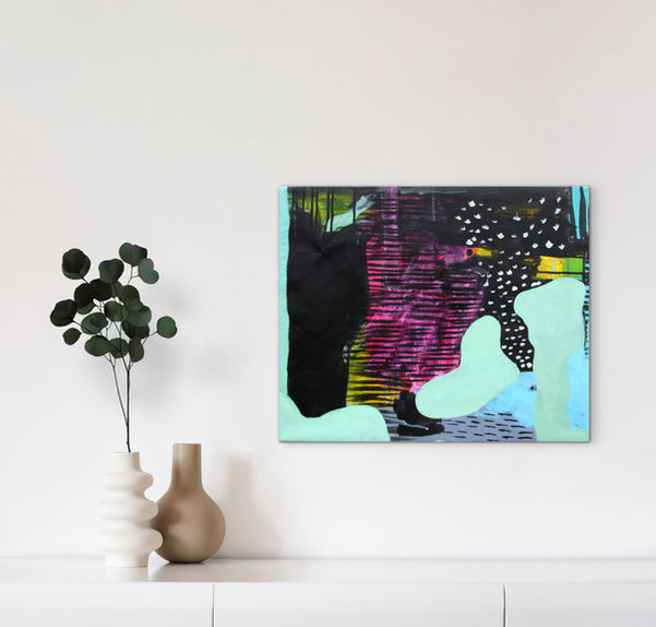 Abstract painting inspired by nature, created by Norwegian visual artist Kristin Romberg. Contemporary art with expressive colors and textures. Acrylic on canvas. Keywords: abstract art, modern painting, nature inspired, contemporary artist, art for sale, Kristin Romberg. Colors black, magenta, yellow, soft green