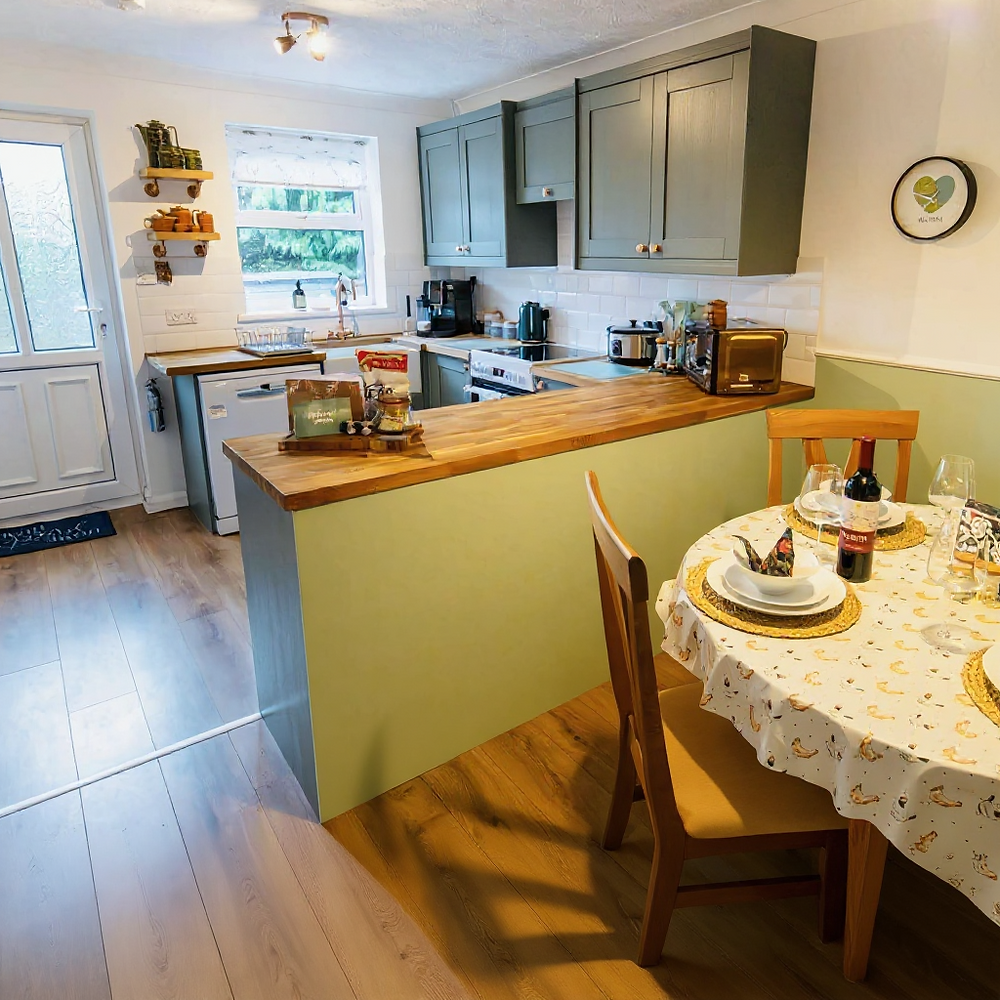 Kitchen with green cabinets, wood counters, and set dining table
