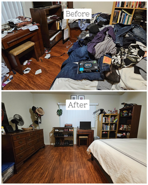 Organized small bedroom in Folsom, CA with functional storage solutions, under-bed bins, and labeled drawers.