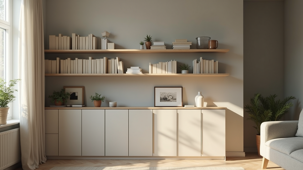 Eye-level view of a tidy living room with organized shelves and soft lighting
