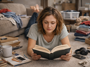Woman sitting on the floor reading a book surrounded by cluttered clothes, books, and household items, representing decluttering overwhelm and ADHD clutter.