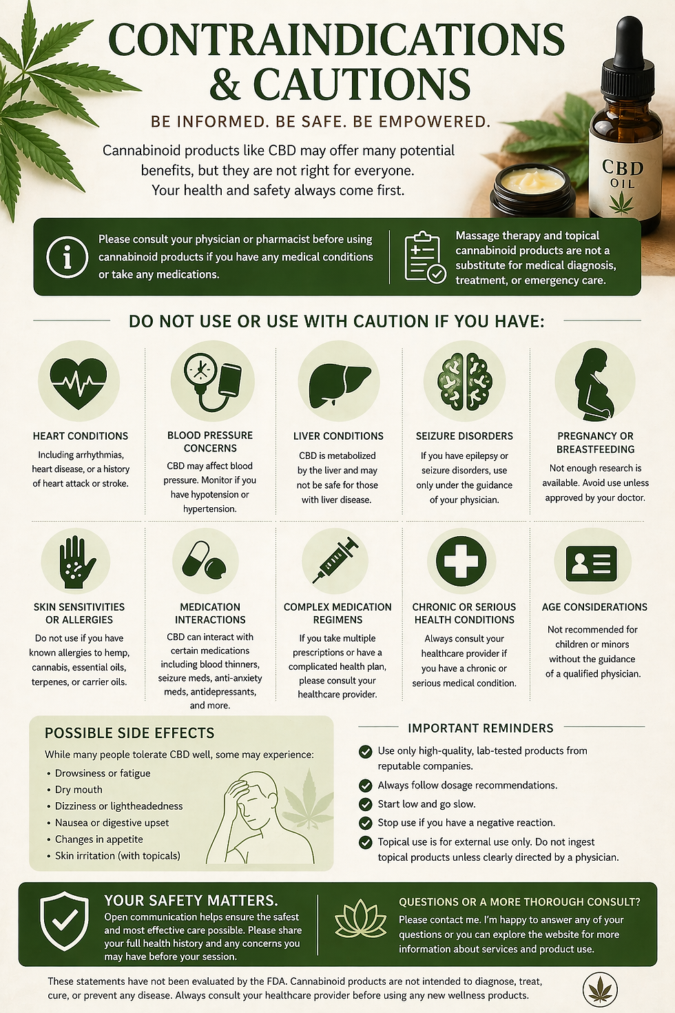 Infographic on CBD oil cautions, including contraindications like heart conditions and pregnancy. Advises consulting physicians. Green and beige palette.