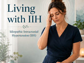 Woman in navy dress massages her temple in a calm spa room beside text: Living with IIH, Idiopathic Intracranial Hypertension (IIH)