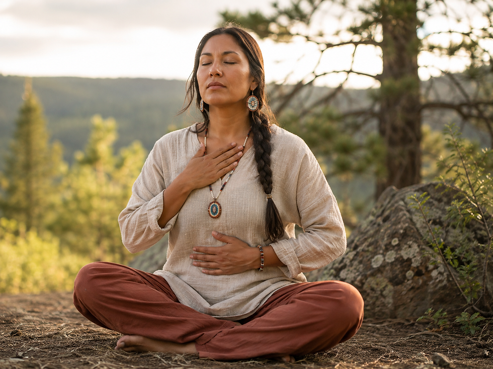 A woman meditates peacefully in a calm forest environment, connecting and grounding herself with nature.