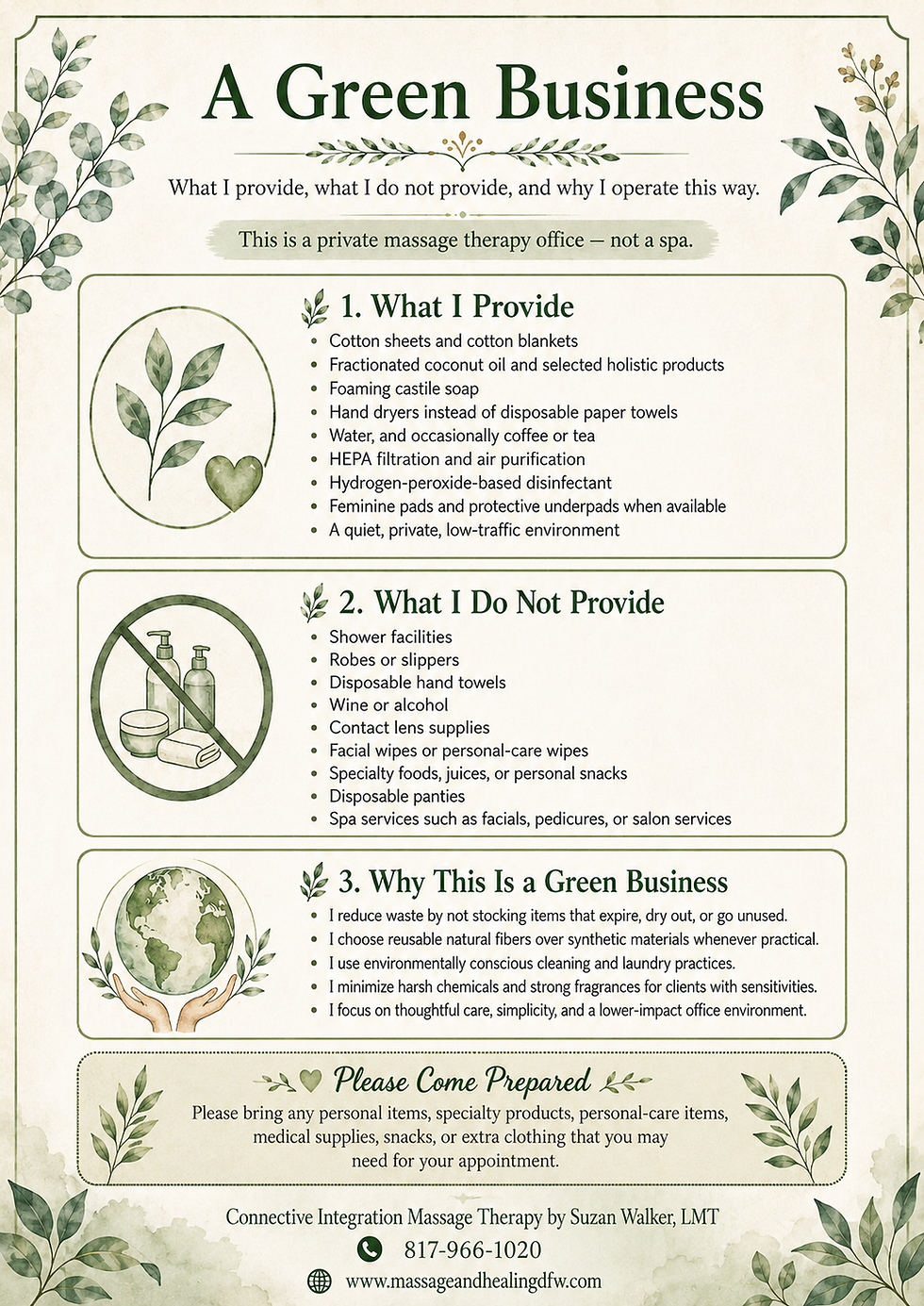 Green poster titled A Green Business listing what a private massage therapy office provides, doesn’t provide, and preparation tips.