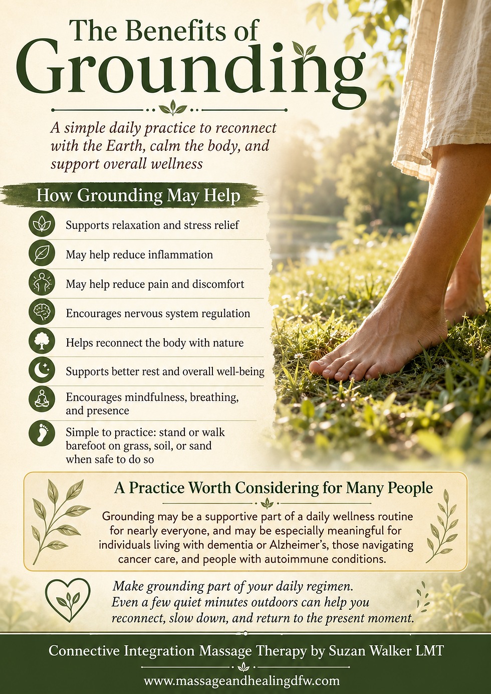 Infographic titled The Benefits of Grounding, with barefoot feet on grass and listed wellness benefits in a warm green outdoor scene