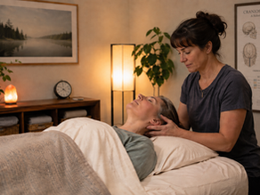 A therapist provides personalized craniosacral therapy in a calming, private office setting, promoting relaxation and well-being.