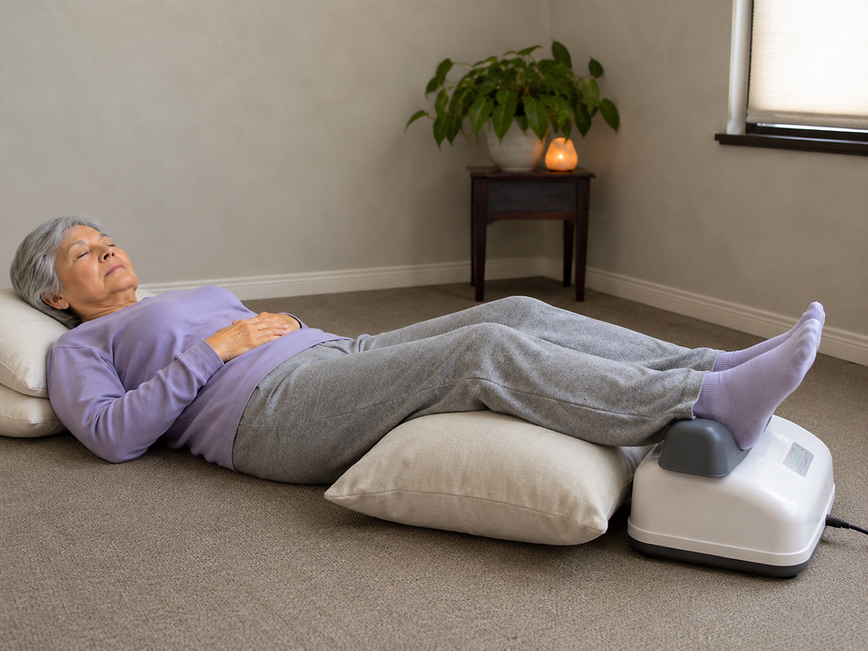 Older woman relaxes on a floor cushion with feet on a white foot massager in a calm room with a plant and candle.