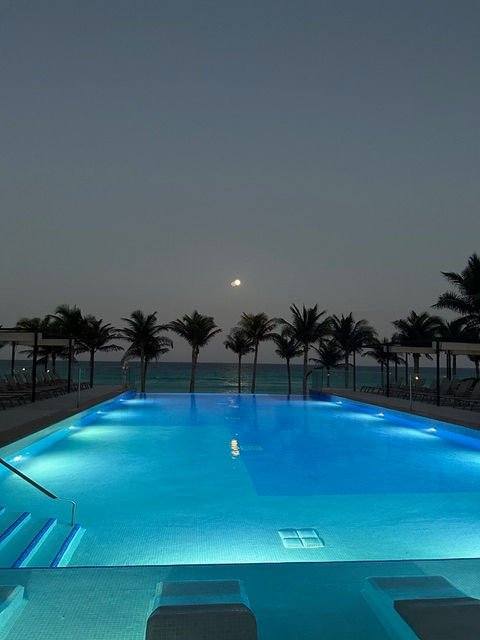 A view of the hotel pool at night with palm trees along the horizon and the moon above them.