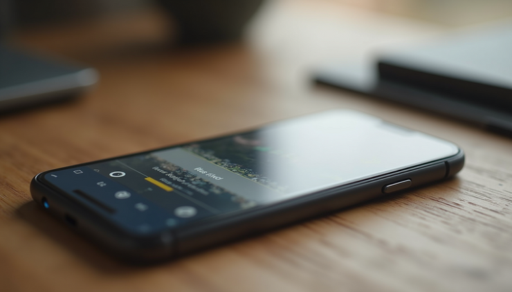 Eye-level view of a smartphone displaying a social media app on a wooden table