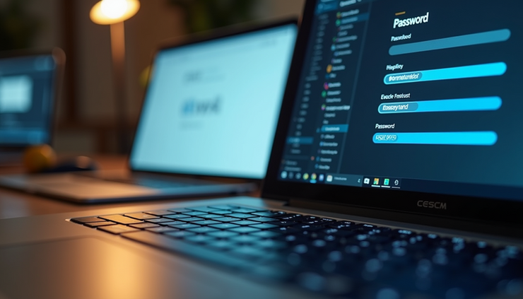 Eye-level view of a laptop keyboard with a password manager open