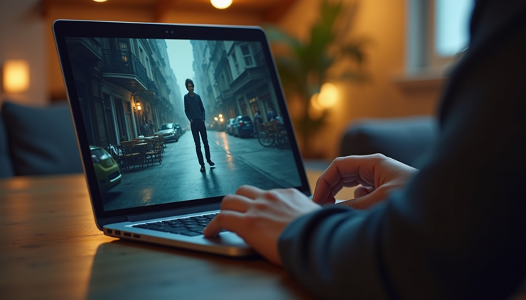Eye-level view of a person analyzing video footage on a laptop