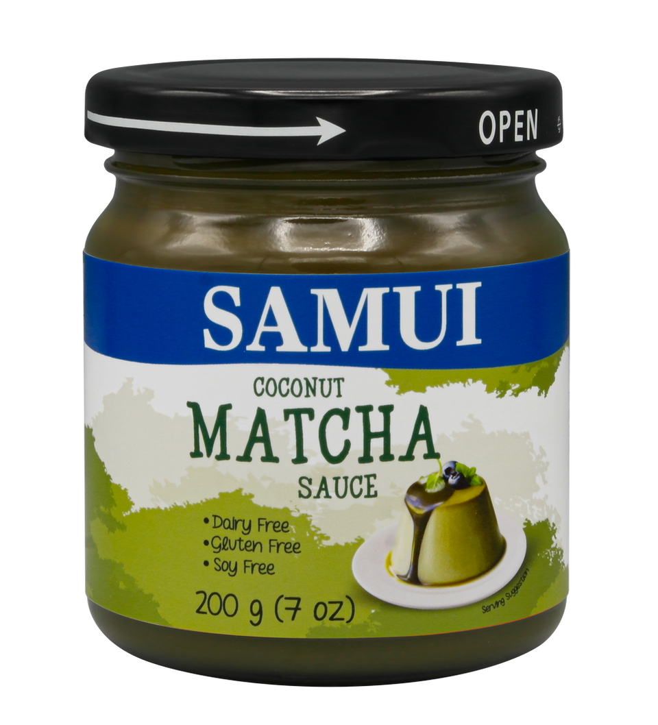 Samui Coconut Matcha Sauce. Made from the premium Samui coconut milk. Your trusted non-dairy alternative and vegan-friendly options. Try it on ice creams or any desserts.