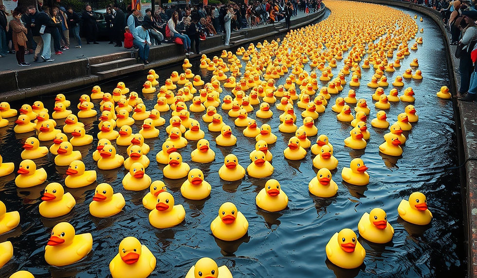 Hundreds of yellow rubber ducks float in a canal as crowds watch from the banks, creating a festive scene.