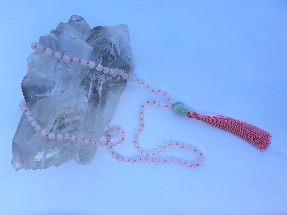 Thumbnail: Rose Quartz Hand Knotted Mala Necklace with Green Beryl Guru Bead