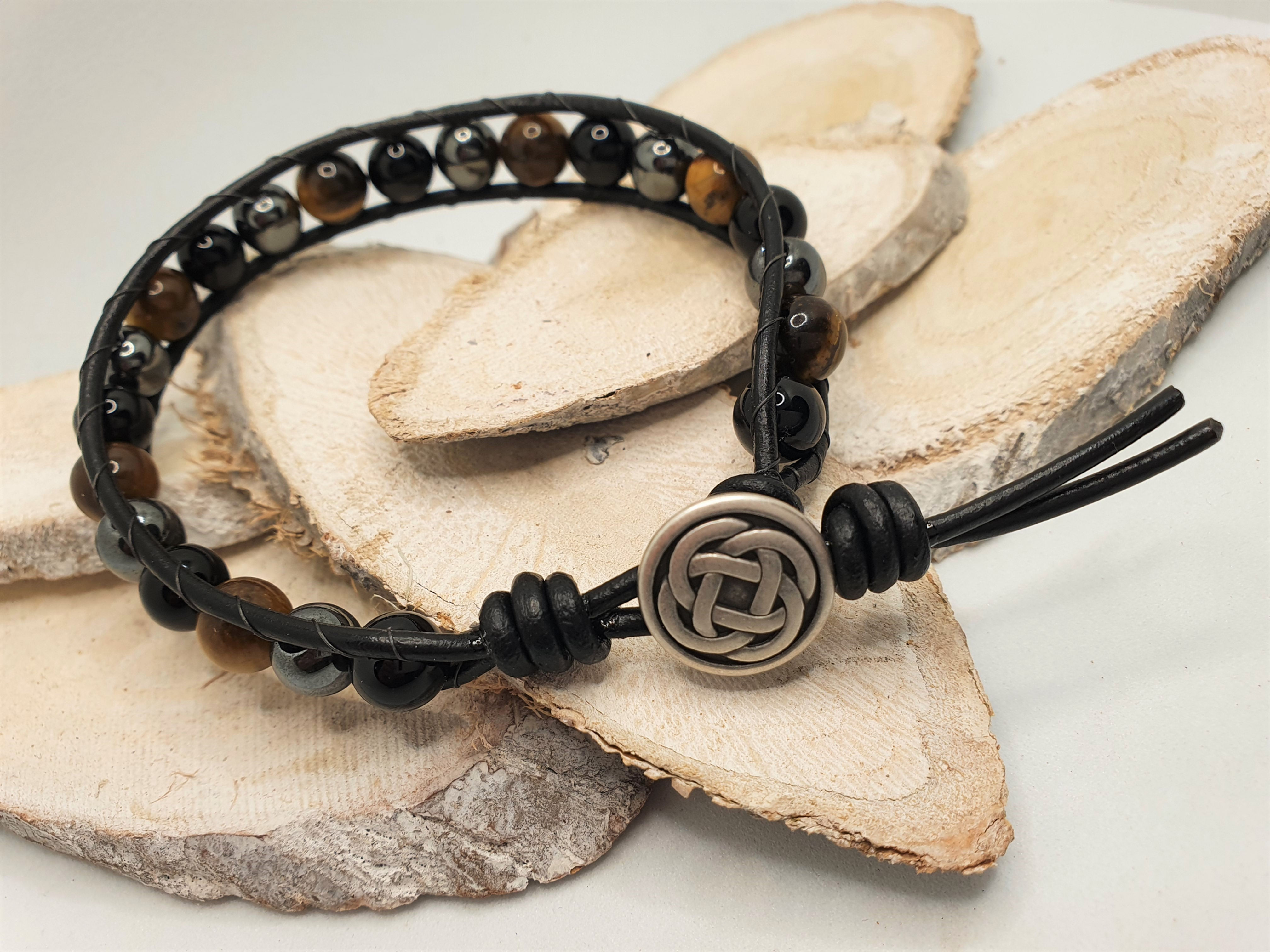 Tiger Eye, Hematite & Black Agate Men's Leather Celtic Knot Bracelet - 8"
