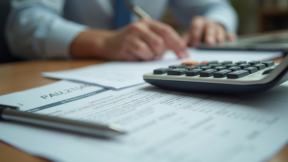 Eye-level view of a calculator and tax documents on a wooden desk