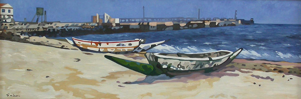 16 Pirogues dakaroises, huile sur toile, 38 x 110 cm