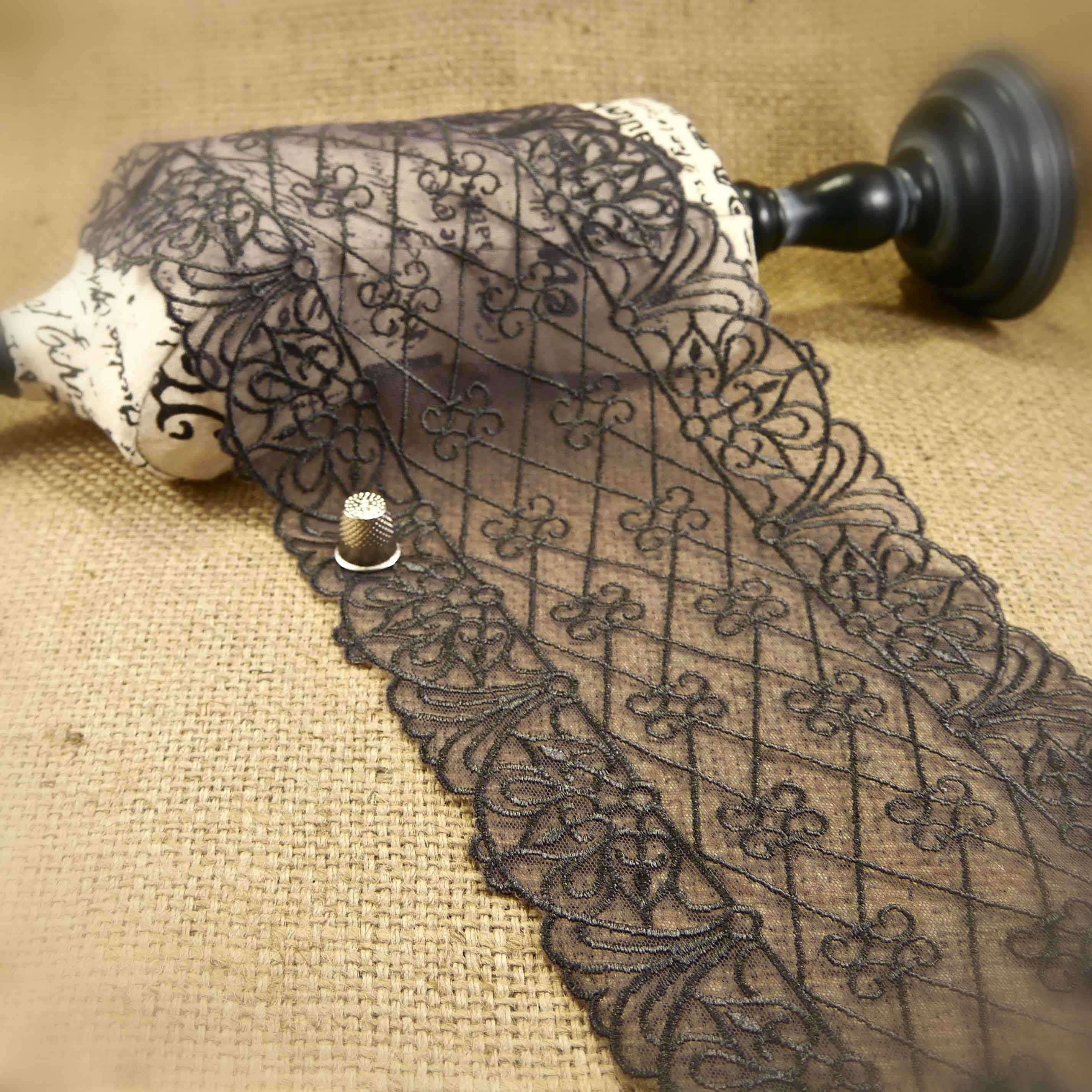 Art Deco Wide Steel Grey Embroidered Tulle scalloped edge classic design diamonds swirls