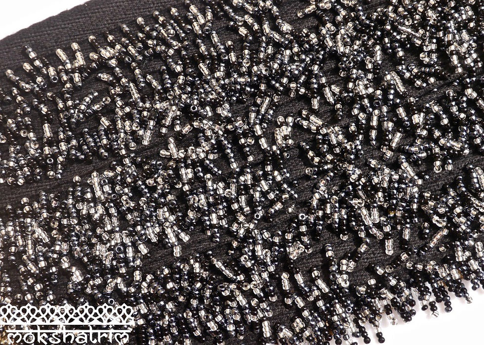 Thumbnail: Beaded trim fringe silvery clear glass metallic petrol gunmetal black seed beads cotton tape Mokshatrim haberdashery ethnic