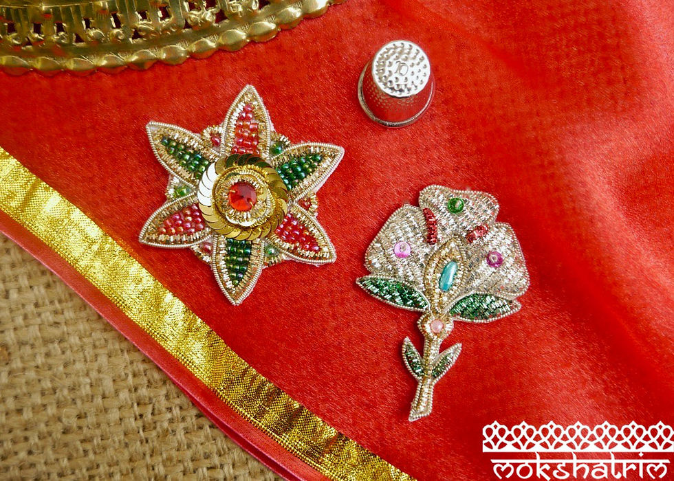 Thumbnail: Indian Asian applique zardozi ethnic floral applique gold silver coilwork red green bead gold sequins Mokshatrim Haberdashery