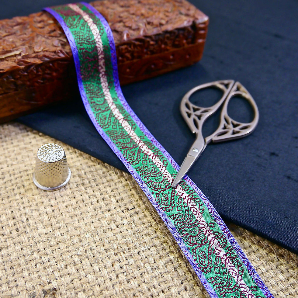 Decorative Indian Jacquard ribbon trim purple teal white stripe design wine red embroidered paisley design Mokshatrim Ethnic