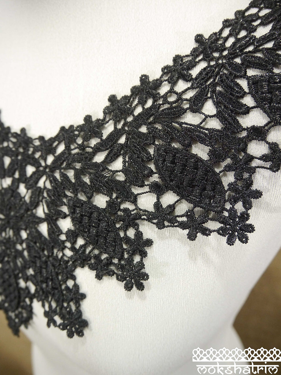 Thumbnail: Large Black Lace Guipure Neckline Collar Applique delicate leaf flower floral scoop neckline retro boho style Mokshatrim