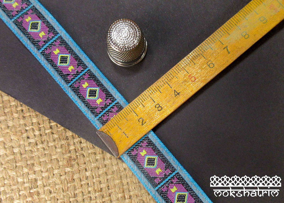 Thumbnail: Jacquard ribbon geometric design black turquoise blue grey purple yellow dog collar Mokshatrim exotic ethnic haberdashery